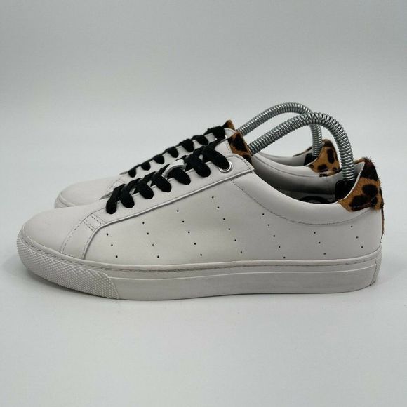 J. Crew Saturday Sneakers L7197 Womens Size 8 White Leather Leopard Trim - Picture 1 of 10